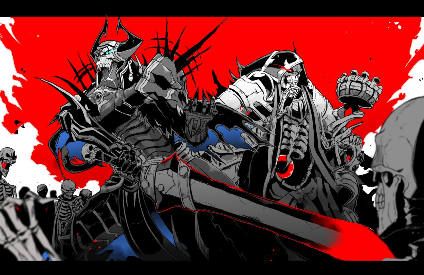 2boys ainz_ooal_gown aqua_eyes armor black_cloak black_robe black_sclera clouds fate/grand_order fate_(series) full_armor gauntlets gazari glowing glowing_eye highres holding holding_staff holding_sword holding_weapon hood hood_up horns jewelry king_hassan_(fate/grand_order) lich multiple_boys necromancer overlord_(maruyama) pauldrons red_background red_eyes ribs robe skeleton skull skull_mask spikes spot_color staff surrounded sword weapon