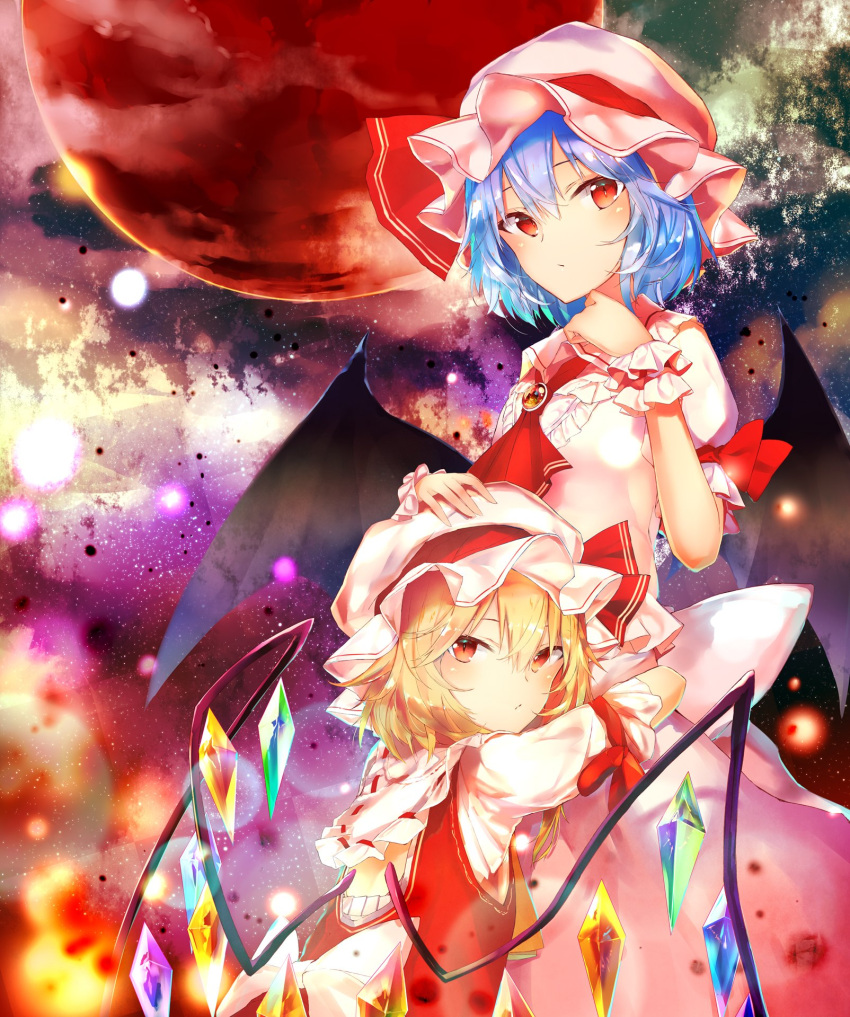 2girls ascot bat_wings blonde_hair blue_hair blush bow brooch commentary_request crystal dress flandre_scarlet frilled_shirt_collar frills hair_between_eyes hand_on_another's_head hand_up hat hat_ribbon highres hug jewelry light_particles looking_at_viewer looking_back mob_cap moon multiple_girls pink_hat puffy_short_sleeves puffy_sleeves red_eyes red_moon red_neckwear red_ribbon red_vest remilia_scarlet ribbon sakusyo short_hair short_sleeves siblings sisters sky star_(sky) starry_sky touhou upper_body vest white_bow white_dress white_hat wings wrist_cuffs yellow_neckwear