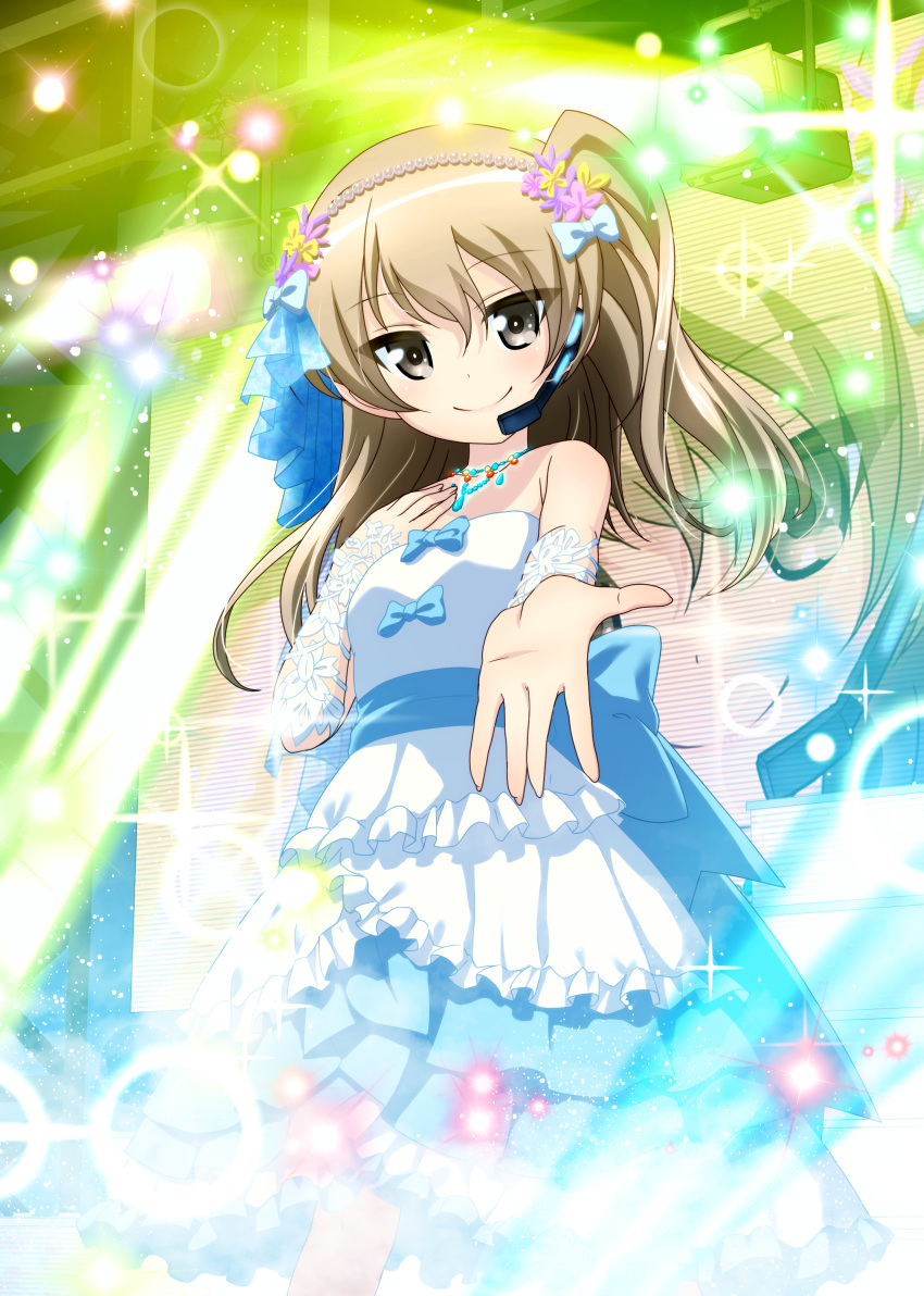 1girl absurdres alternate_costume bangs beads blue_dress brown_eyes circle closed_mouth commentary diffraction_spikes dress excel_(shena) eyebrows_visible_through_hair flower foreshortening girls_und_panzer hair_beads hair_flower hair_ornament hand_on_own_chest headset highres idol jewelry layered_dress light_brown_hair light_particles long_dress long_hair looking_at_viewer necklace screen shimada_arisu side_ponytail smile solo sparkle spotlight standing strapless strapless_dress zoom_layer