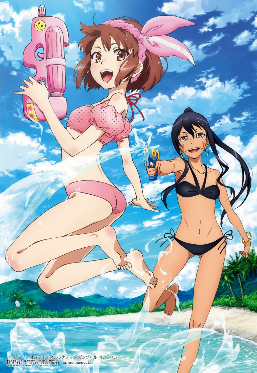 2girls :d absurdres aiming airborne armpits ass bare_shoulders barefoot bikini black_hair blue_sky blush body_blush bracelet breasts brown_eyes brown_hair bush clouds cloudy_sky collarbone dark_skin day earrings eyebrows_visible_through_hair eyes_visible_through_hair feet gluteal_fold grey_eyes gun hair_between_eyes hairband highres holding holding_gun holding_weapon jewelry jumping llenn_(sao) long_hair looking_at_another looking_at_viewer magazine_scan medium_breasts megami mountain multiple_girls navel nishimura_rie official_art open_hand open_mouth outdoors palm_tree pink_bikini pink_hairband pinky_out pitohui_(sao) polka_dot_bikini_top ponytail round_teeth running sand scan shore short_hair side-tie_bikini sky small_breasts smile soles swimsuit sword_art_online sword_art_online_alternative:_gun_gale_online tattoo teeth toes tongue tree water water_gun weapon yellow_bracelet yellow_earrings