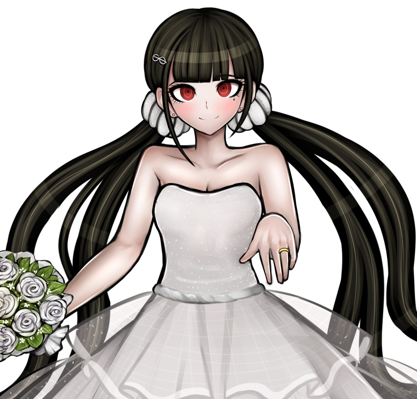 1girl alternate_costume bare_shoulders black_hair blush bouquet dangan_ronpa dress flower hair_ornament hair_scrunchie hairclip harukawa_maki highres holding holding_bouquet jewelry kurokku-tokei long_hair looking_at_viewer mole mole_under_eye new_dangan_ronpa_v3 official_style red_eyes ring scrunchie simple_background smile solo twintails very_long_hair wedding_dress wedding_ring white_background white_scrunchie