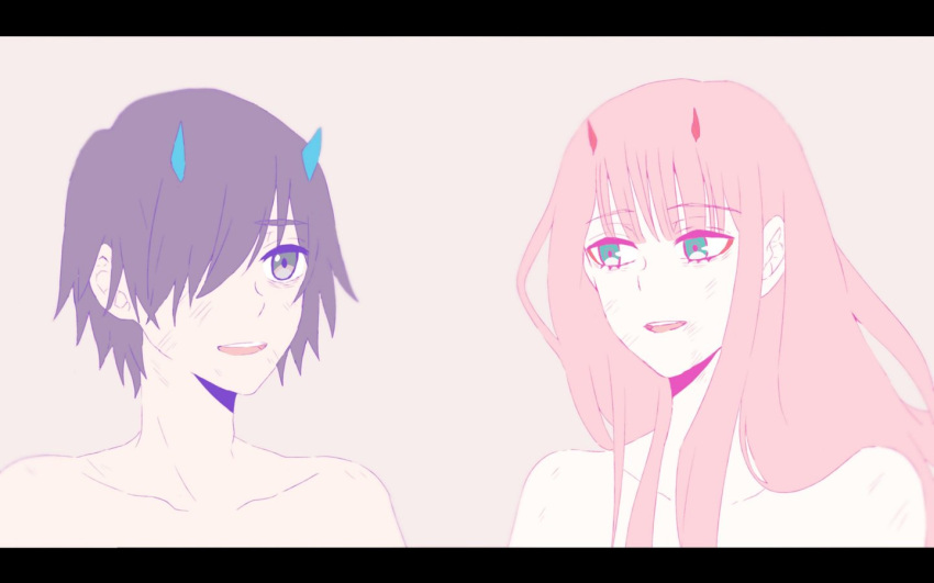 1boy 1girl bangs black_hair blue_eyes blue_horns commentary_request couple darling_in_the_franxx eyebrows_visible_through_hair green_eyes hetero hiro_(darling_in_the_franxx) horns letterboxed long_hair looking_at_another mukkun696 oni_horns open_mouth pink_hair red_horns shirtless short_hair zero_two_(darling_in_the_franxx)