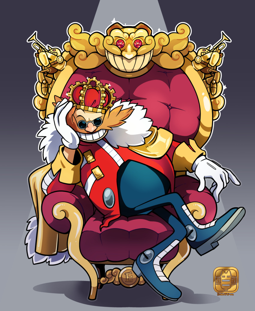 1boy catbeecache commission crown dr._eggman facial_hair full_body gloves grin highres legs_crossed long_sleeves looking_at_viewer male_focus mustache shadow sitting smile solo sonic_the_hedgehog throne white_gloves