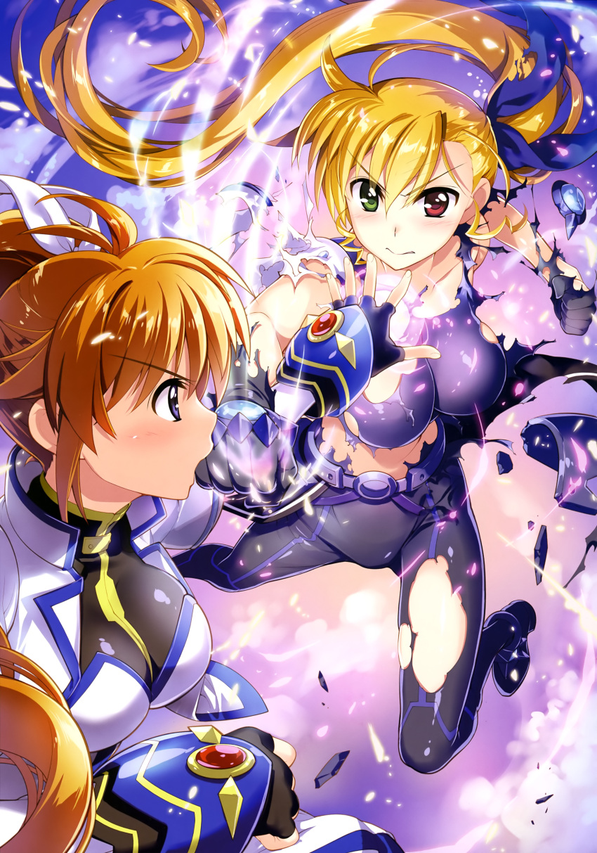 2girls absurdres ahoge armor asymmetrical_hair battle belt black_bodysuit black_cape black_dress black_footwear black_gloves blonde_hair blue_ribbon blue_sky blush bodysuit breasts broken_armor brooch cape clouds collarbone day dress energy_ball eyebrows_visible_through_hair eyes_visible_through_hair fingerless_gloves fujima_takuya gloves gluteal_fold green_eyes hair_between_eyes hair_ribbon heterochromia highres impossible_bodysuit impossible_clothes jacket jewelry jumping large_breasts light_brown_hair light_particles looking_at_another lyrical_nanoha magical_girl mahou_shoujo_lyrical_nanoha_vivid mother_and_daughter multicolored multicolored_clothes multicolored_dress multiple_girls official_art open_mouth outdoors print_bodysuit print_cape print_dress puffy_sleeves punching purple_belt red_brooch red_eyes ribbon scan side_ponytail skindentation sky takamachi_nanoha torn_cape torn_jacket torn_ribbon violet_eyes vivio waist_cape white_dress white_jacket white_ribbon