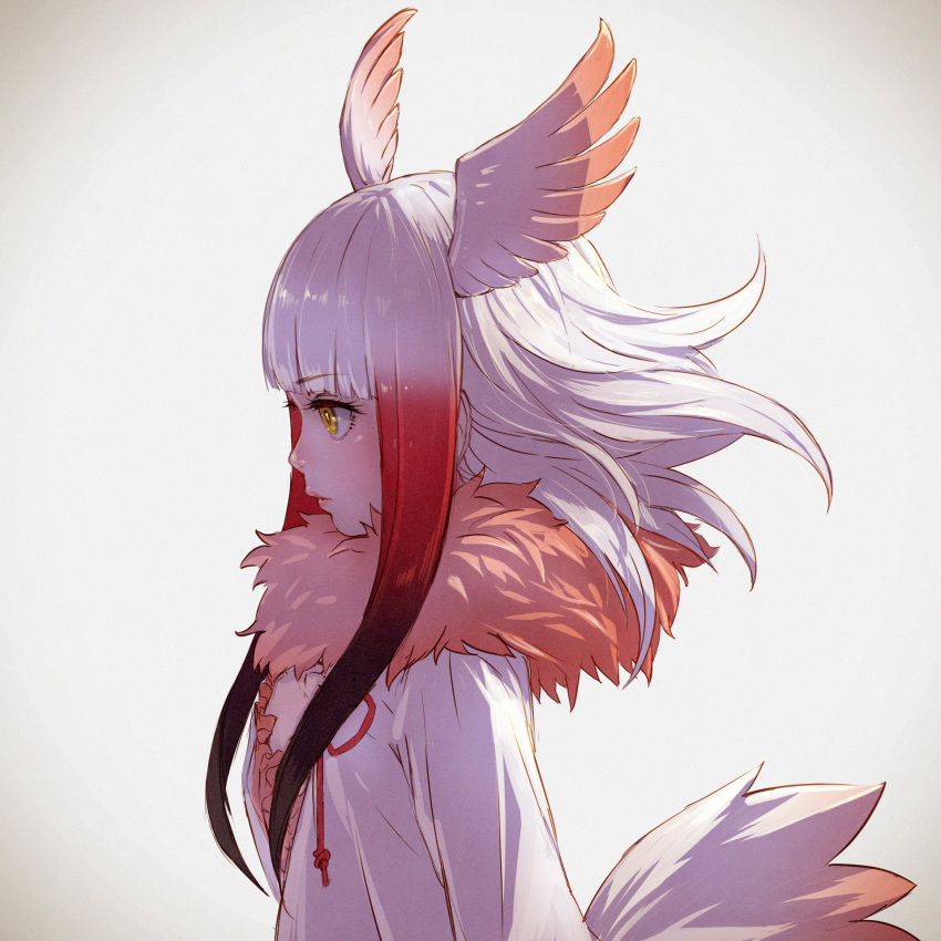 1girl bangs bird_tail bird_wings black_hair blunt_bangs closed_mouth eyebrows_visible_through_hair eyelashes feathered_wings frilled_sleeves frills from_side gradient_hair hand_on_own_chest head_wings highres japanese_crested_ibis_(kemono_friends) kemono_friends lips long_hair long_sleeves multicolored_hair nose profile red_ribbon redhead ribbon solo tail takami_masahiro white_hair wide_sleeves wings yellow_eyes