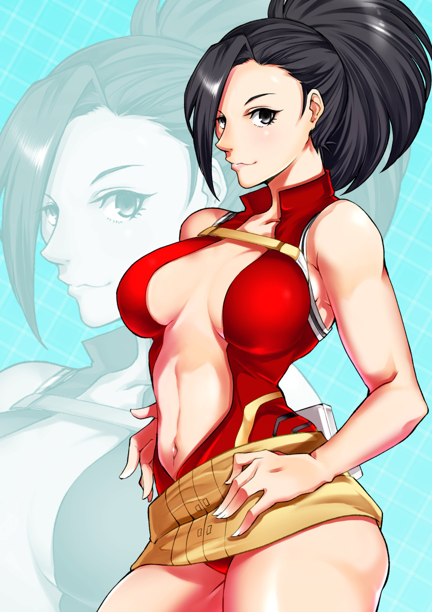 1girl absurdres black_eyes black_hair bodysuit boku_no_hero_academia breasts center_opening cleavage hands_on_hips highres jonozaki large_breasts looking_at_viewer midriff navel ponytail smile solo yaoyorozu_momo zoom_layer