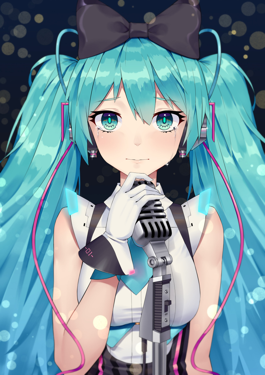 1girl absurdres black_bow blue_eyes blue_hair bow breasts crying crying_with_eyes_open gloves hair_between_eyes hair_bow hatsune_miku highres holding holding_microphone lens_flare long_hair magical_mirai_(vocaloid) medium_breasts microphone microphone_stand sleeveless smile solo suspenders tears twintails upper_body very_long_hair vocaloid white_gloves xian_yu_zhanshi