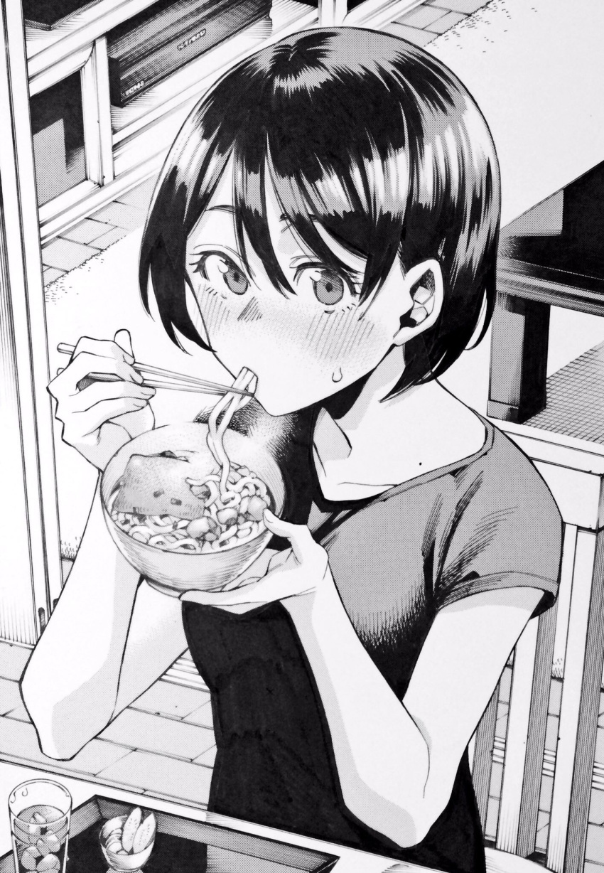 1girl aburaage black_hair blush bowl chair chopsticks drink eating food highres indoors kitsune_udon mole mole_on_neck monochrome nakajima_ryou noodles original short_hair sitting solo table tray udon