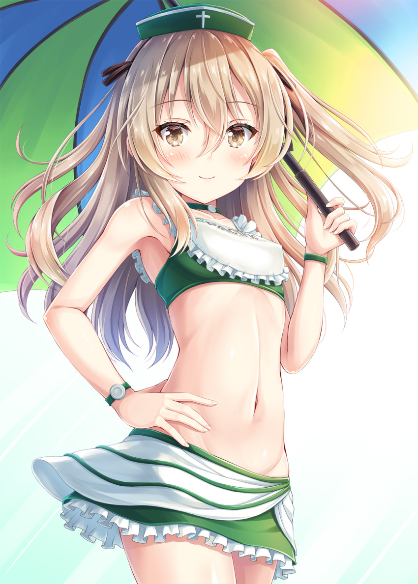 1girl akashio_(loli_ace) beach_umbrella black_ribbon breasts commentary_request cowboy_shot eyebrows_visible_through_hair frills girls_und_panzer groin hair_between_eyes hair_ribbon hand_on_hip hat highres light_brown_eyes light_brown_hair long_hair looking_at_viewer navel ribbon shimada_arisu side_ponytail simple_background small_breasts smile solo stomach umbrella watch watch