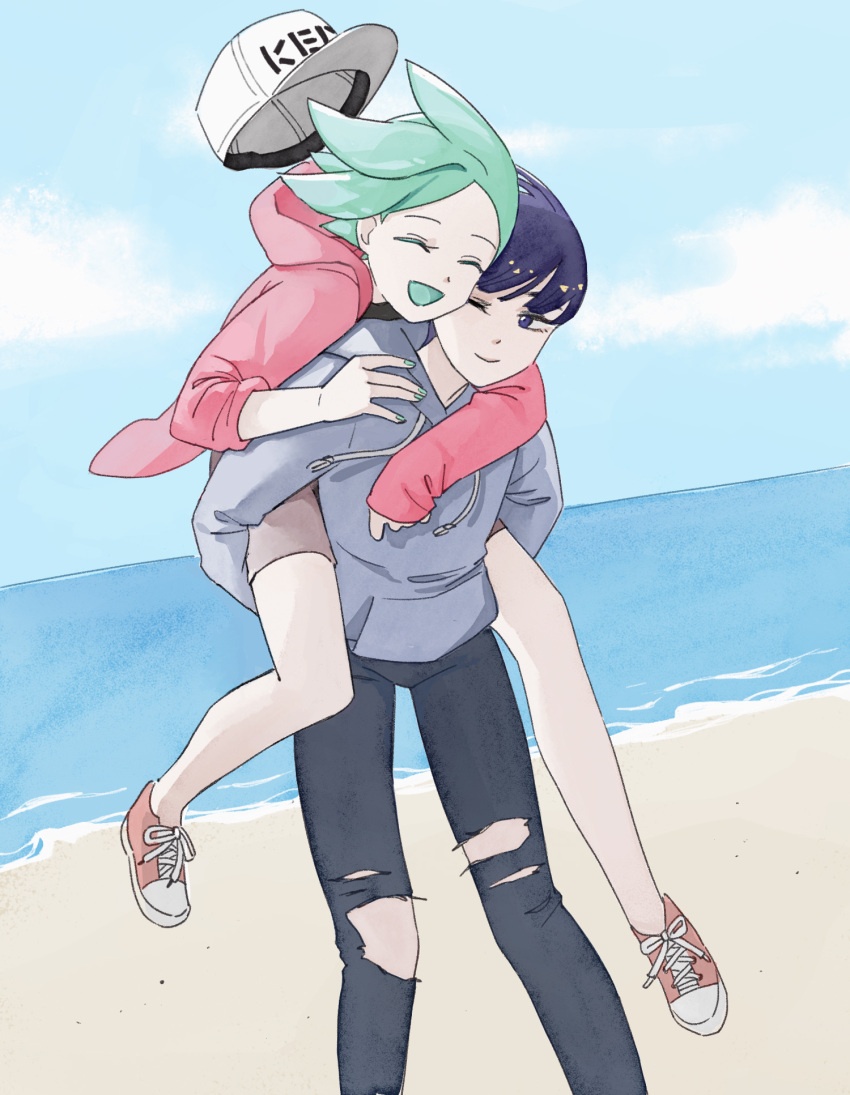 2others alternate_costume androgynous bangs beach blue_eyes blue_hair blue_sky blunt_bangs carrying closed_eyes contemporary dual_persona green_hair happy hat highres hood hoodie houseki_no_kuni hug hug_from_behind multiple_others mydeerwitch ocean one_eye_closed open_mouth phosphophyllite phosphophyllite_(ll) piggyback ripped_jeans shoes short_hair shorts sky smile sneakers spoilers