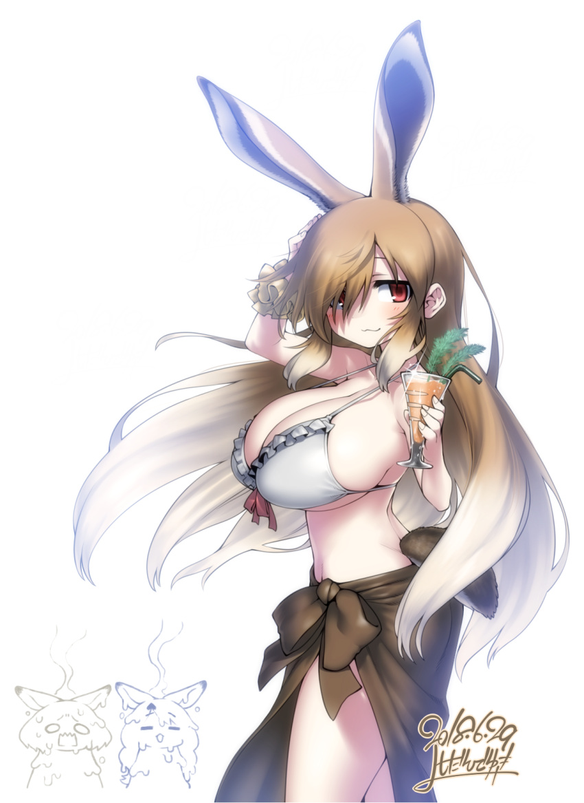 3girls :3 alternate_costume animal_ears arctic_hare_(kemono_friends) artist_name blush breasts bright_background brown_hair bunny_tail commentary_request cowboy_shot cup dated drink drinking_glass drinking_straw european_hare_(kemono_friends) extra_ears from_side gradient_hair hair_over_one_eye hand_on_own_head highres holding holding_drinking_glass huge_breasts kemono_friends long_hair looking_at_viewer melting mountain_hare_(kemono_friends) multicolored_hair multiple_girls navel o_o partial_commentary rabbit_ears red_eyes sarong sidelocks signature solo_focus steaming_body tail very_long_hair white_background white_bikini_top yoshida_hideyuki