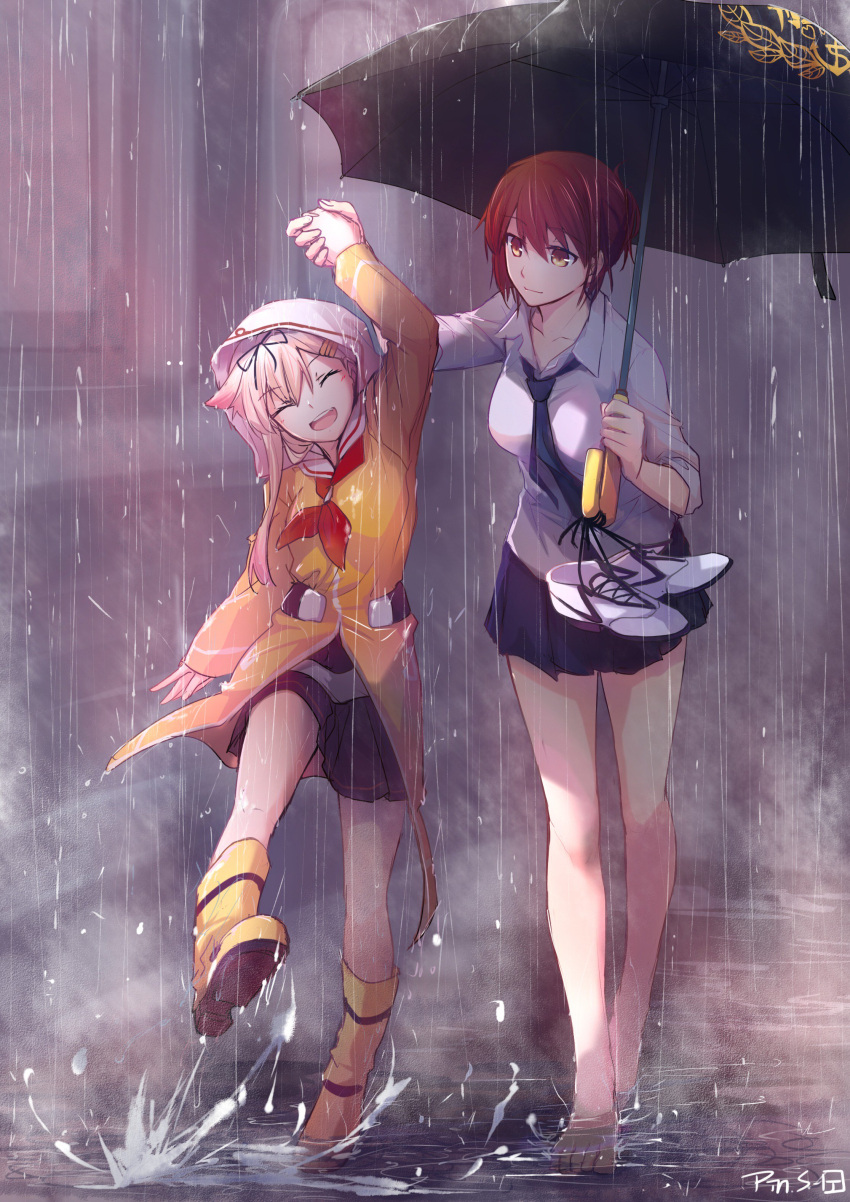 2girls absurdres barefoot blonde_hair boots closed_eyes female_admiral_(kantai_collection) hair_ornament hand_holding highres holding holding_umbrella kantai_collection long_hair multiple_girls necktie open_mouth outdoors pin.s rain raincoat redhead shirt short_hair skirt smile splashing umbrella white_shirt yellow_eyes yuudachi_(kantai_collection)