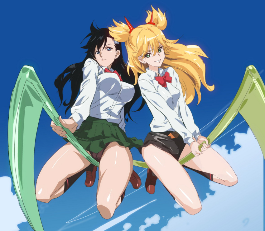 2girls between_legs black_hair black_panties black_skirt blonde_hair blue_eyes blue_sky breasts burn_the_witch character_request closed_mouth commentary erect_nipples eyebrows_visible_through_hair flying green_eyes green_skirt hair_ornament hairclip kneehighs large_breasts long_hair long_sleeves looking_at_viewer multiple_girls ontaros outdoors panties pantyshot parted_lips pleated_skirt school_uniform scythe shiny shiny_hair shiny_skin shirt skirt sky small_breasts smile thighs underwear white_shirt