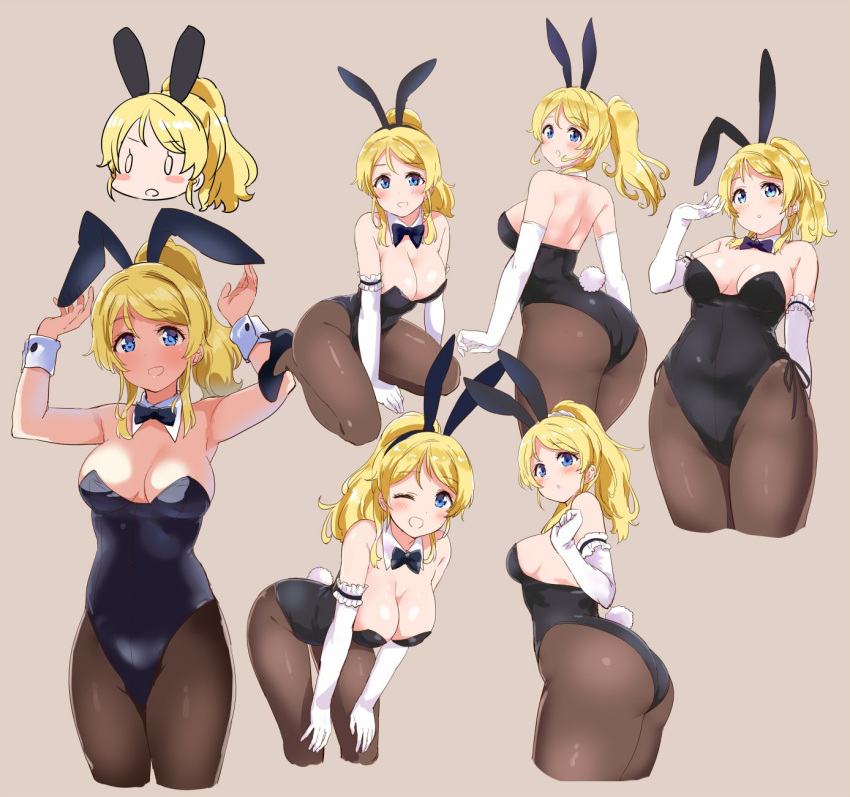 1girl animal_ears arm_at_side ass ayase_eli bare_shoulders beige_background black_legwear black_leotard blonde_hair blue_eyes blush bow bowtie breasts bunnysuit cleavage commentary cropped_legs detached_collar elbow_gloves fake_animal_ears from_behind gloves hand_up hands_on_floor hands_on_own_knees hands_up highres kurokawa_makoto large_breasts leaning_forward leotard long_hair looking_at_viewer love_live! love_live!_school_idol_project multiple_views one_eye_closed open_mouth pantyhose rabbit_ears seiza shiny shiny_clothes shoes simple_background sitting smile white_gloves