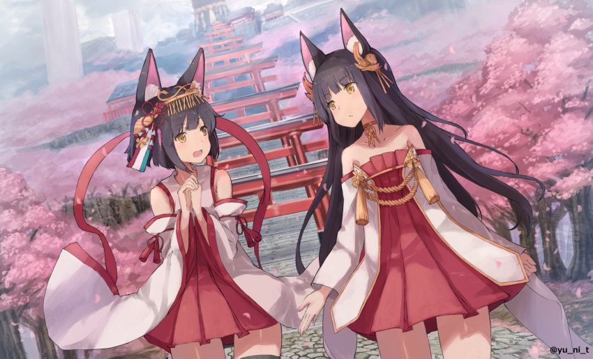 2girls animal_ears artist_name azur_lane bangs bare_shoulders black_hair blunt_bangs commentary_request detached_sleeves eye_contact eyebrows_visible_through_hair fox_ears hair_ornament highres japanese_clothes long_hair long_sleeves looking_at_another miko multiple_girls mutsu_(azur_lane) nagato_(azur_lane) open_mouth personification red_ribbon ribbon short_hair skirt stairs tagme thigh-highs twitter_username walking wide_sleeves yellow_eyes yu_ni_t