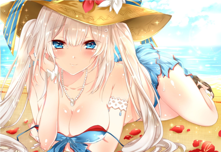 1girl arm_support armlet bare_shoulders bikini blue_bikini blue_eyes blush bracelet breasts cleavage collarbone commentary_request day eyebrows_visible_through_hair fate/grand_order fate_(series) hat jewelry long_hair looking_at_viewer marie_antoinette_(fate/grand_order) marie_antoinette_(swimsuit_caster)_(fate) medium_breasts necklace ocean outdoors pearl_necklace petals raimu_(yuzu-raimu) silver_hair smile solo strap_slip swimsuit thighs twintails water wet