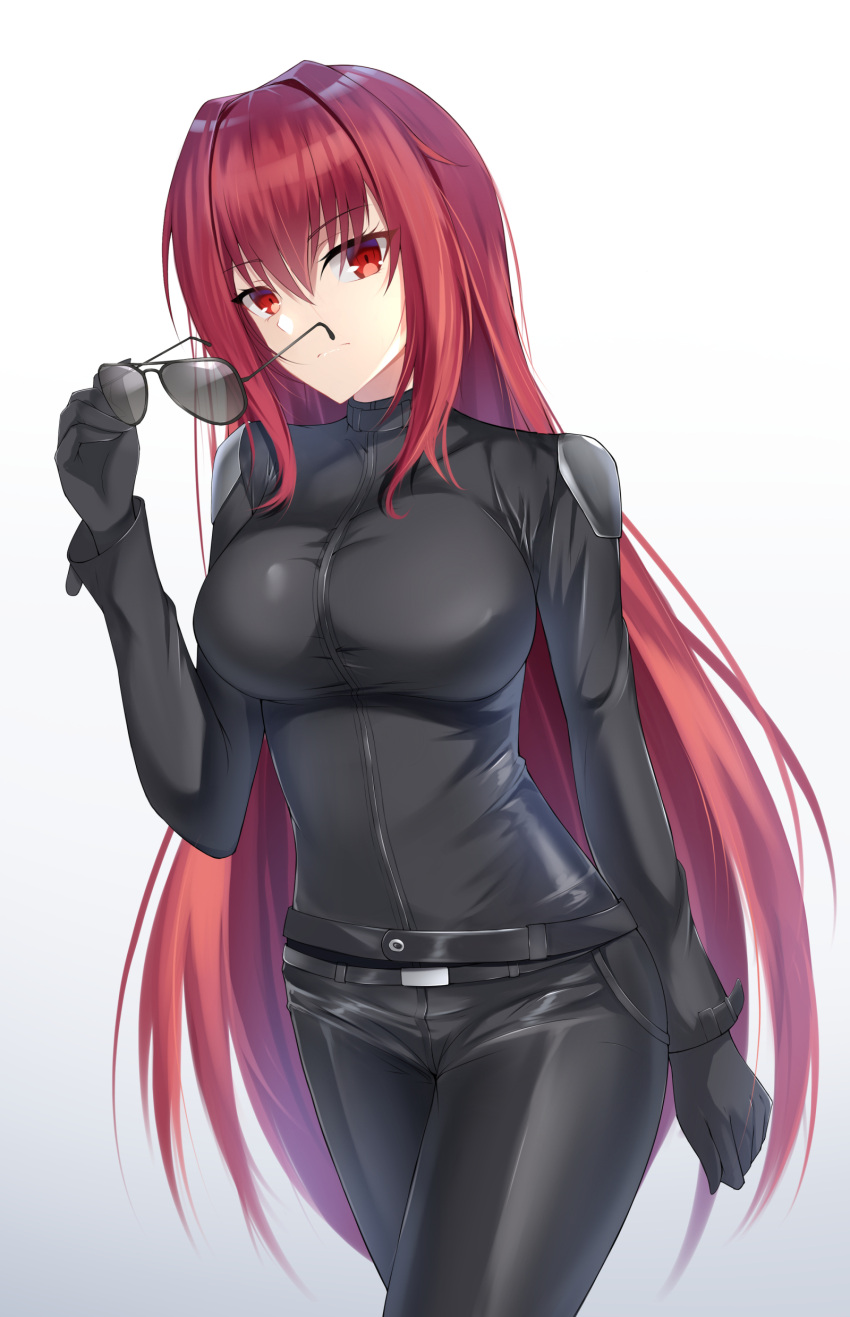 1girl absurdres bangs black-framed_eyewear black_gloves black_jacket black_pants blunt_bangs breasts cowboy_shot eyebrows_visible_through_hair fate/grand_order fate_(series) feng_mouren gloves gradient gradient_background grey_background hair_between_eyes highres holding holding_eyewear jacket large_breasts long_hair looking_at_viewer pants redhead scathach_(fate/grand_order) shiny shiny_clothes shoulder_pads solo standing sunglasses tight tight_pants very_long_hair white_background