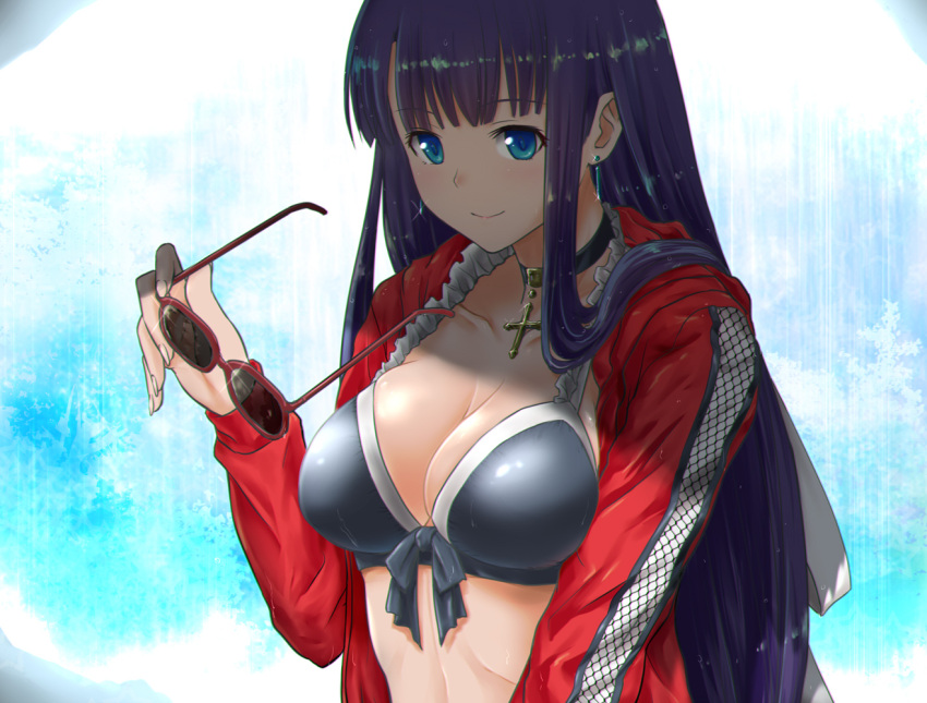 1girl alternate_costume bangs bikini blue_eyes blunt_bangs blush breasts choker cleavage collarbone cross day earrings eyebrows_visible_through_hair fate/grand_order fate_(series) frilled_bikini frills front-tie_bikini front-tie_top grey_bikini hair_over_shoulder holding holding_eyewear jacket jewelry large_breasts long_hair looking_at_viewer purple_hair rain red-framed_eyewear red_jacket saint_martha shade shiny shiny_skin skindentation smile solo sparkle sunglasses swimsuit tsuyadashi_shuuji upper_body very_long_hair wet wet_clothes