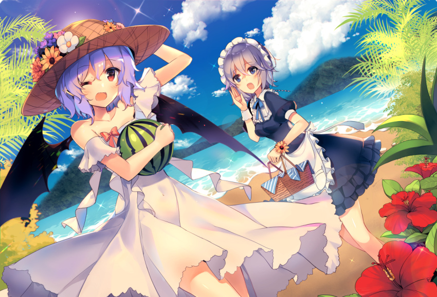 2girls alternate_costume apron arm_up bare_shoulders basket bat_wings blue_dress blue_eyes blue_hair blue_neckwear blue_ribbon blue_sky blush bow breasts clouds collarbone commentary_request cowboy_shot day dress dutch_angle eyebrows_visible_through_hair fangs flower food frilled_apron frills fruit hair_between_eyes hand_on_headwear hand_up hat hat_flower holding holding_basket holding_fruit izayoi_sakuya kirero looking_at_viewer maid maid_apron maid_headdress medium_breasts multiple_girls neck_ribbon off-shoulder_dress off_shoulder one_eye_closed outdoors pink_bow puffy_short_sleeves puffy_sleeves purple_flower red_eyes red_flower remilia_scarlet ribbon sand short_sleeves silver_hair sky sparkle standing straw_hat thighs touhou waist_apron watermelon white_apron white_dress white_flower wing_collar wings wrist_cuffs wrist_flower yellow_flower