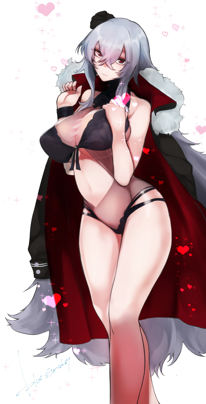 1girl artist_name azur_lane bikini black_bikini breasts cleavage eyebrows_visible_through_hair graf_zeppelin_(azur_lane) hair_between_eyes halter_top halterneck head_tilt heart highres jacket_on_shoulders kojima_(blue_stardust) large_breasts long_hair looking_at_viewer navel red_eyes see-through silver_hair simple_background solo sparkle standing swimsuit very_long_hair