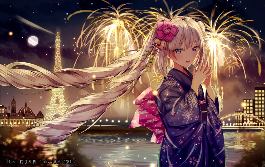 1girl :d bangs blue_eyes blue_kimono blush building city_lights cityscape commentary eiffel_tower eyebrows_visible_through_hair fate/apocrypha fate_(series) fireworks floral_print flower full_moon hair_flower hair_ornament hands_together highres japanese_clothes junpaku_karen kimono long_hair long_sleeves looking_at_viewer marie_antoinette_(fate/grand_order) moon night night_sky obi open_mouth river sash silver_hair sky smile solo twintails v very_long_hair water wide_sleeves