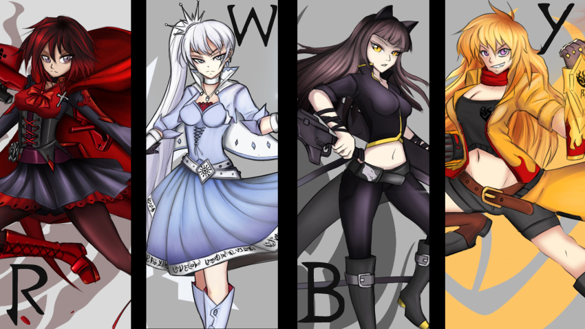 4girls alternate_costume animal_ears black_hair blake_belladonna blonde_hair blue_eyes breasts cape cat_ears cat_girl cloak crescent_rose ember_celica_(rwby) gambol_shroud gloves grey_eyes highres holding holding_weapon hood hooded_cloak kurokamirin long_hair multiple_girls myrtenaster pantyhose petals red_cape redhead rose_petals ruby_rose rwby scar scar_across_eye scythe short_hair smile very_long_hair violet_eyes weapon weiss_schnee white_hair yang_xiao_long yellow_eyes