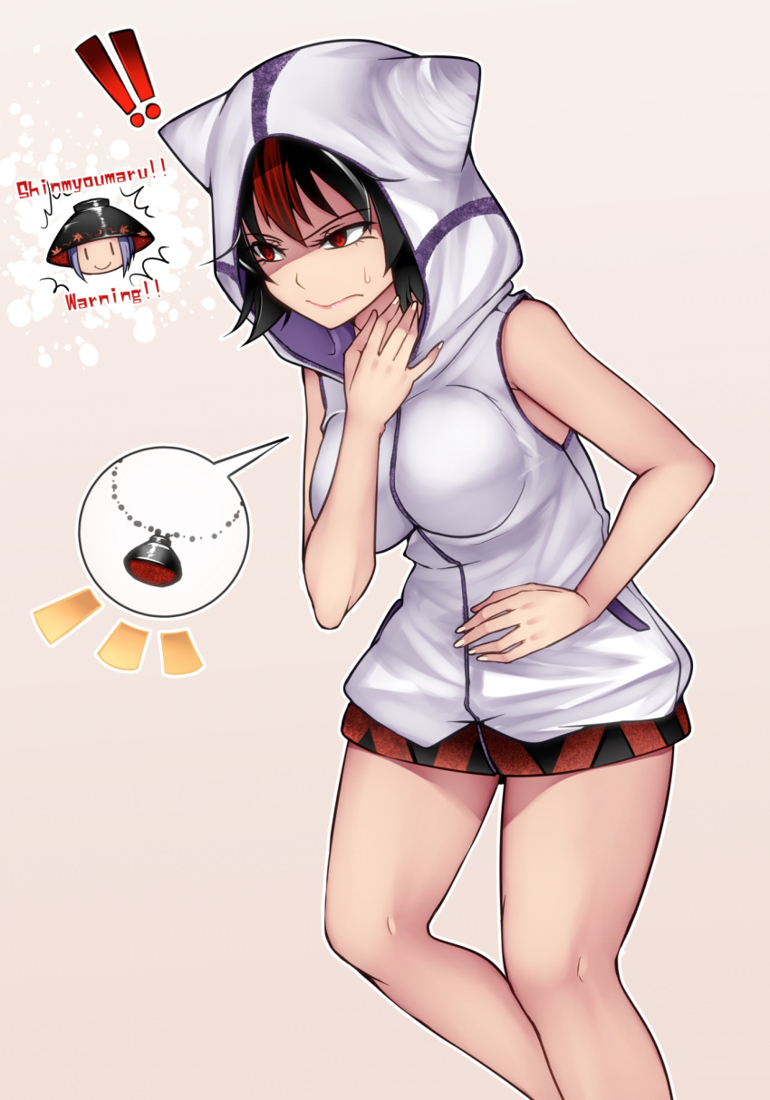 !! 1girl 3: alternate_costume aoshima bare_arms bare_legs bare_shoulders beige_background black_hair breasts commentary_request eyebrows_visible_through_hair feet_out_of_frame hair_between_eyes hand_up highres hood hood_up hoodie jewelry kijin_seija large_breasts multicolored_hair nail_polish no_pants pendant pink_lips purple_hair red_eyes redhead short_hair simple_background sleeveless sleeveless_hoodie smile solo standing streaked_hair sukuna_shinmyoumaru sweatdrop thighs touhou white_hair white_hoodie white_nails |_|
