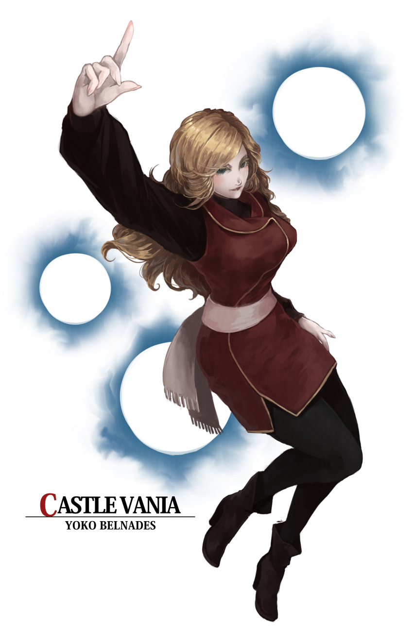 1girl absurdres arm_up belt blonde_hair blue_eyes breasts brown_footwear castlevania castlevania:_dawn_of_sorrow character_name closed_mouth copyright_name female food_fighter_441 full_body hand_gesture high_heels highres index_finger_raised large_breasts lipstick long_hair long_sleeves makeup pantyhose shoes smile solo white_background yoko_belnades