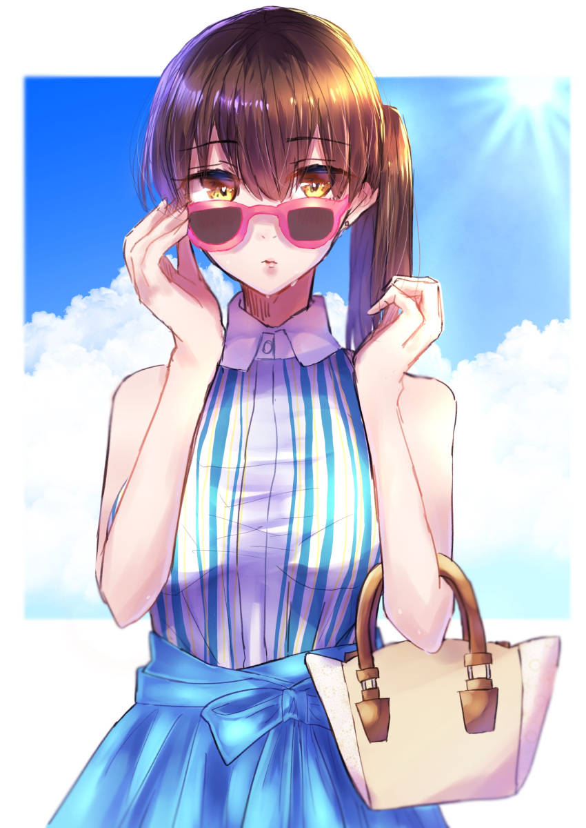 1girl absurdres alternate_costume bag blue_skirt blue_sky brown_eyes brown_hair casual clouds collared_shirt commentary_request cowboy_shot handbag highres kaga_(kantai_collection) kantai_collection long_hair looking_over_sunglasses mochiko_(mocchikkoo) muneate shirt side_ponytail skirt sky sleeveless sleeveless_shirt solo striped striped_shirt sun sunglasses