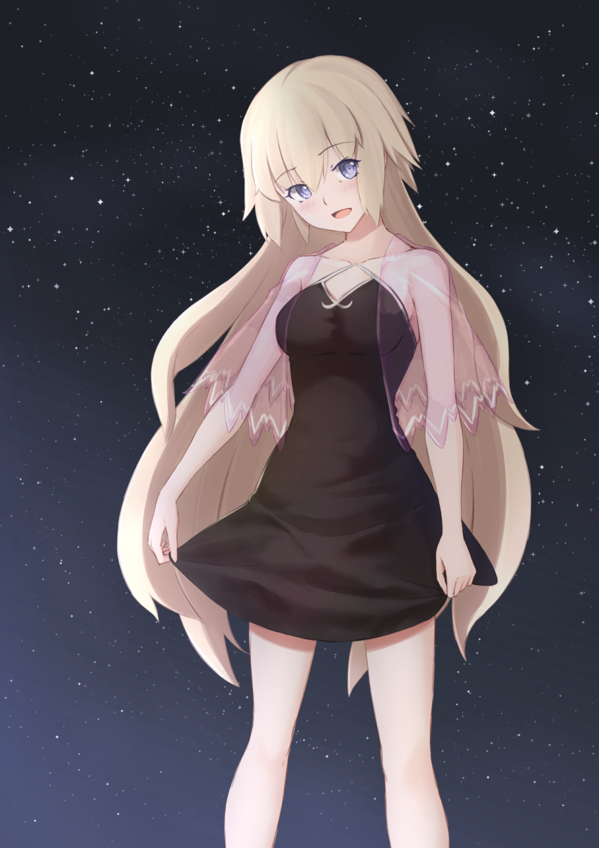 1girl :d alternate_costume alternate_hairstyle bangs black_dress blonde_hair blue_eyes blush breasts capelet collarbone commentary_request criss-cross_halter dress eyebrows_visible_through_hair fate/apocrypha fate/grand_order fate_(series) hair_between_eyes halterneck head_tilt highres jeanne_d'arc_(fate) jeanne_d'arc_(fate)_(all) jilu long_hair looking_at_viewer medium_breasts night night_sky open_mouth outdoors see-through short_dress skirt_hold sky sleeveless sleeveless_dress smile solo star_(sky) starry_sky very_long_hair
