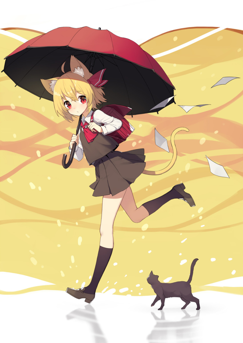 1girl animal_ears ascot backpack bag black_cat black_legwear black_skirt black_vest blonde_hair brown_footwear cat cat_ears cat_tail commentary_request eyebrows_visible_through_hair hair_between_eyes hair_ribbon highres holding holding_umbrella kemonomimi_mode kneehighs loafers long_sleeves looking_at_viewer miniskirt paper pleated_skirt red_eyes red_neckwear red_ribbon red_umbrella reflection ribbon ripples rumia running sh_(562835932) shirt shoes short_hair skirt solo tail thighs touhou two-tone_background umbrella vest white_background white_shirt wing_collar yellow_background