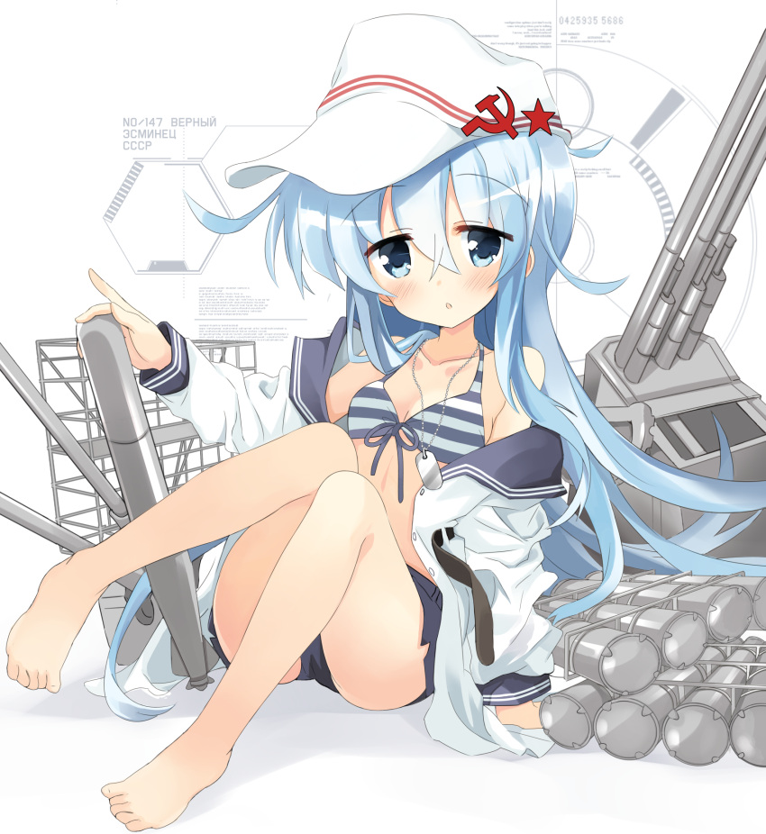 1girl barefoot belt black_shorts blue_eyes cannon commentary_request drum_(container) flat_cap front-tie_top full_body hammer_and_sickle hat hibiki_(kantai_collection) highres hizuki_yayoi kantai_collection long_hair looking_at_viewer machinery open_clothes shorts silver_hair simple_background sitting solo striped_bikini_top toes torpedo turret verniy_(kantai_collection) white_background white_hat