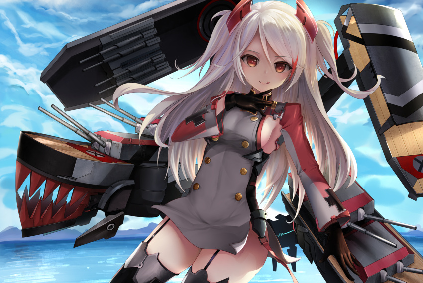 1girl :q azur_lane bangs black_gloves black_legwear blue_sky breasts brown_eyes closed_mouth clouds cloudy_sky commentary_request day dress eyebrows_visible_through_hair garter_straps gloves grey_dress hair_between_eyes hand_on_own_chest hand_up highres iron_cross karin_(fineyanny) long_hair long_sleeves machinery medium_breasts ocean outdoors prinz_eugen_(azur_lane) sideboob silver_hair sky smile solo thigh-highs tongue tongue_out two_side_up very_long_hair water wide_sleeves
