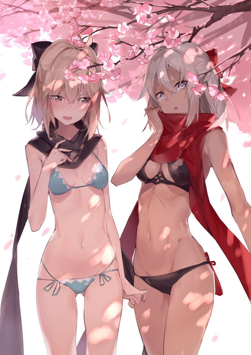 2girls ahoge aida_(chinhung0612) bangs bikini black_bikini black_bow black_scarf blonde_hair blue_bikini blush bow breasts brown_eyes cherry_blossoms cowboy_shot dappled_sunlight dark_skin fate/grand_order fate_(series) grey_eyes hair_between_eyes hair_bow highres looking_at_viewer looking_to_the_side multiple_girls navel okita_souji_(alter)_(fate) okita_souji_(fate) okita_souji_(fate)_(all) open_mouth outdoors panties pink_petals red_bow red_scarf scarf short_hair side-tie_panties small_breasts sunlight swimsuit underwear