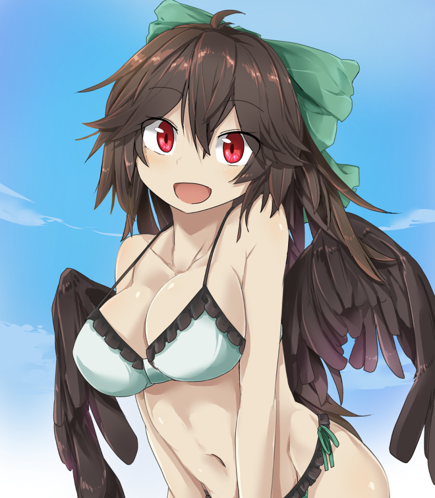 1girl :d bare_arms bare_shoulders bikini bikini_day black_wings blue_sky breasts brown_hair cleavage clouds collarbone commentary_request day eyebrows_visible_through_hair feathered_wings green_bikini groin hair_between_eyes head_tilt highres large_breasts long_hair looking_at_viewer navel open_mouth outdoors red_eyes reiuji_utsuho sky smile solo stomach strap_gap swimsuit touhou tyouseki upper_body v_arms wings
