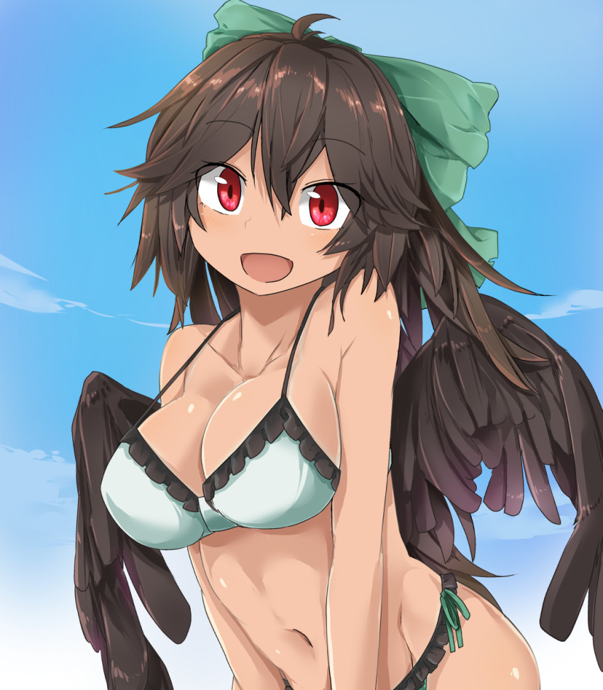 1girl :d bare_arms bare_shoulders bikini bikini_day black_wings blue_sky breasts brown_hair cleavage clouds collarbone commentary_request day eyebrows_visible_through_hair feathered_wings green_bikini groin hair_between_eyes head_tilt highres large_breasts long_hair looking_at_viewer navel open_mouth outdoors red_eyes reiuji_utsuho sky smile solo stomach strap_gap swimsuit tan touhou tyouseki upper_body v_arms wings