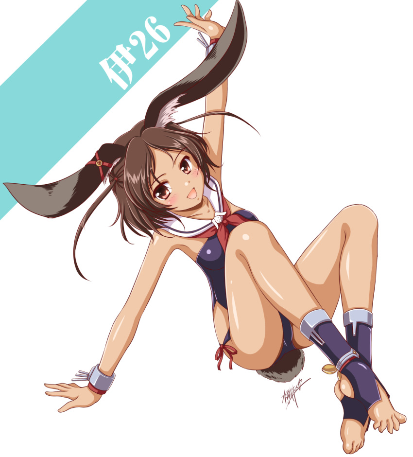 1girl animal_ears armpits arms_up ass azur_lane bracer brown_eyes brown_hair bunny_tail dark_skin detached_collar feet highres i-26_(azur_lane) legs mizushiro_takuya one-piece_swimsuit open_mouth outstretched_arms rabbit_ears sailor_collar school_swimsuit short_hair smile solo strapless strapless_swimsuit swimsuit tail toeless_legwear toes