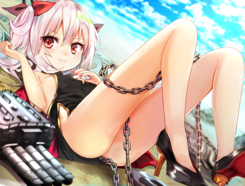 1girl ass azur_lane bangs bare_arms bare_shoulders black_dress black_footwear blue_sky blurry blurry_background blurry_foreground blush breasts cannon chains china_dress chinese_clothes closed_mouth clouds cloudy_sky commentary_request day depth_of_field dress dutch_angle eyebrows_visible_through_hair fang fang_out fingernails hair_between_eyes hair_ornament hair_ribbon hands_up high_heels legs_up long_hair looking_at_viewer lying marisayaka nail_polish on_back outdoors red_eyes red_nails red_ribbon ribbon shoes silver_hair sky sleeveless sleeveless_dress small_breasts smile solo thighs turret twintails vampire_(azur_lane)