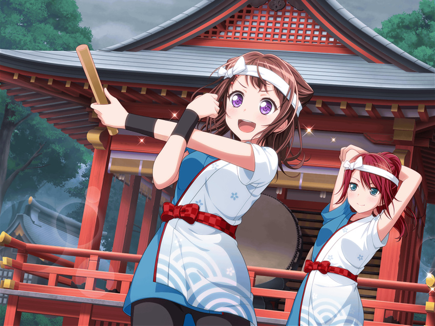 2girls bang_dream! brown_hair dark_clouds dress drums drumsticks japanese_architecture japanese_clothes official_art open_mouth purple_eyes short_hair smile sparkle star_hair_ornament toyama_kasumi udagawa_tomoe