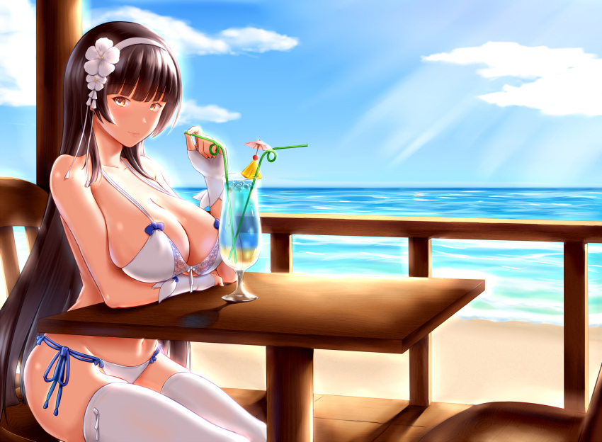 1girl alternate_costume bangs beach bikini black_hair blue_sky blush breasts chair cleavage closed_mouth collarbone cup elbow_rest eyebrows_visible_through_hair flower girls_frontline gloves groin hair_flower hair_ornament hairband half_gloves highres holding_drinking_straw large_breasts long_hair looking_at_viewer mingke ocean qbz-95_(girls_frontline) sand side-tie_bikini sidelocks sitting skindentation sky smile solo swimsuit table thigh-highs thighs tropical_drink very_long_hair waves white_bikini white_gloves white_legwear yellow_eyes
