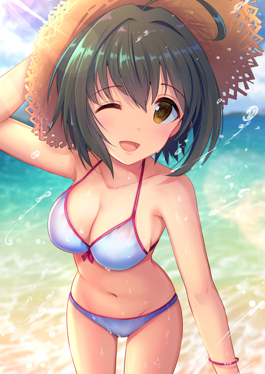 1girl ;d ahoge bangs beach bikini black_hair blue_sky blush bracelet breasts brown_eyes cleavage clouds cloudy_sky collarbone commentary_request day eyebrows_visible_through_hair front-tie_top hand_on_headwear hat highres idolmaster idolmaster_cinderella_girls jewelry kohinata_miho looking_at_viewer navel ocean one_eye_closed open_mouth outdoors sand short_hair sky smile solo standing stomach straw_hat sun_hat swimsuit u_rin water wet white_bikini