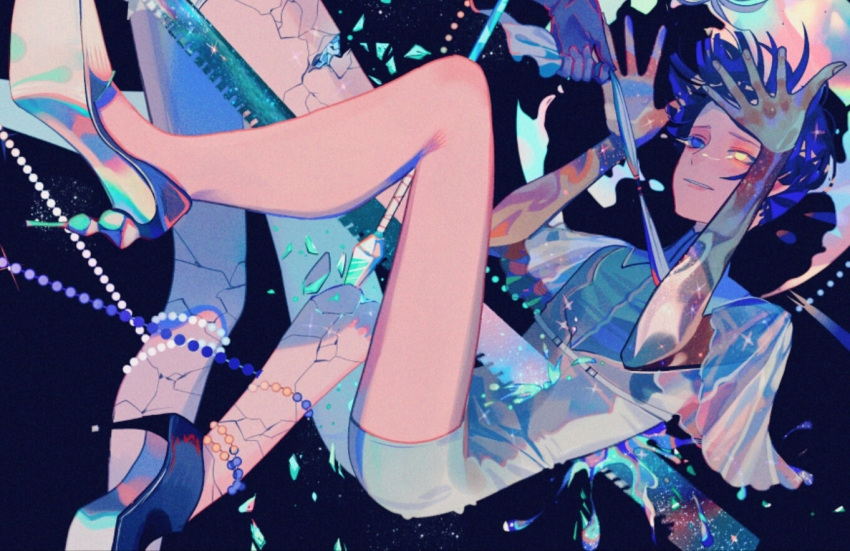 2others androgynous antarcticite arrow bangs beads blue_eyes blue_hair blunt_bangs breaking crack cracked gloves golden_arms heterochromia high_heels houseki_no_kuni multiple_others necktie necktie_grab neckwear_grab out_of_frame phosphophyllite phosphophyllite_(ll) sad_smile see-through shards short_hair sparkle spoilers stabbed sword tears weapon yellow_eyes