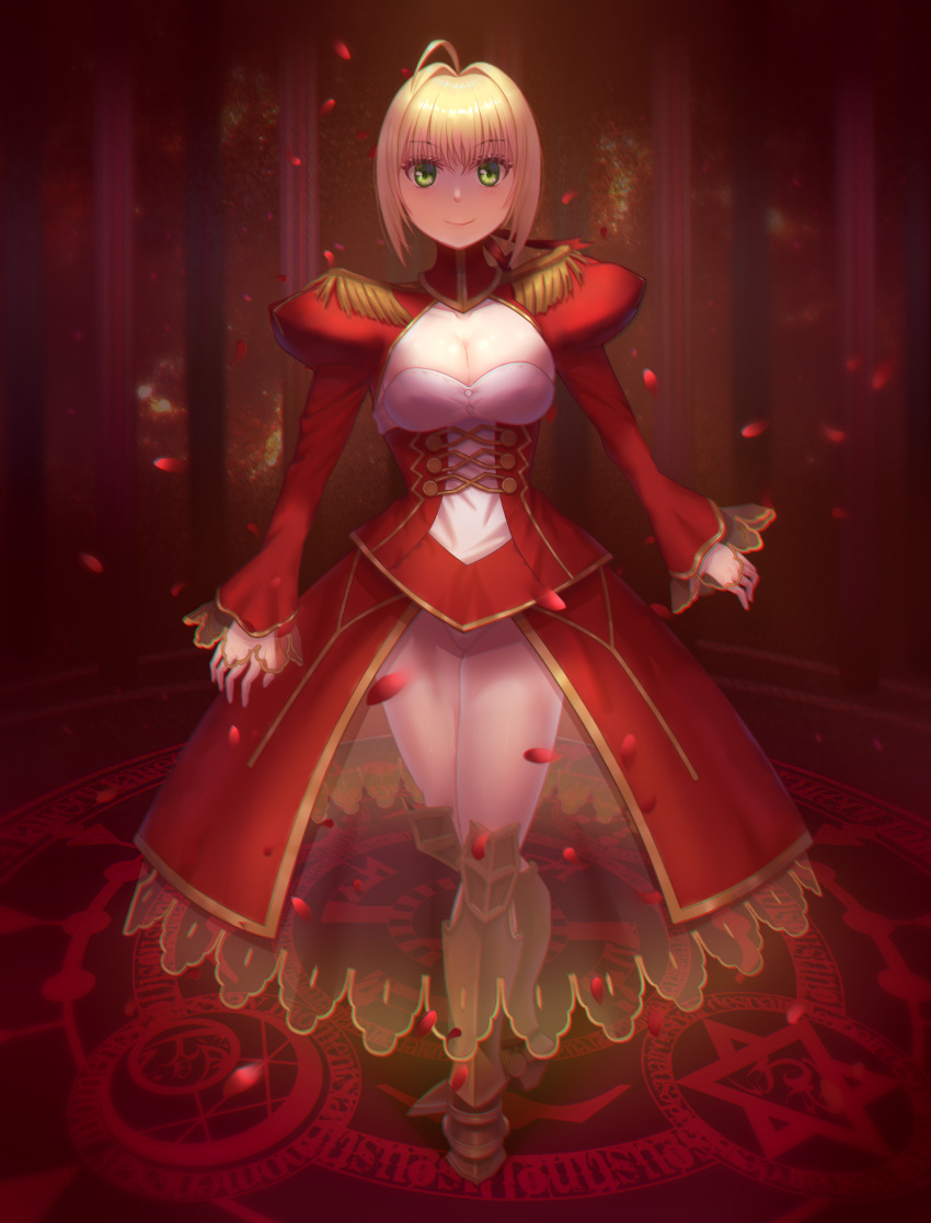 1girl ahoge armored_boots blonde_hair boots breasts cleavage closed_mouth commentary_request dress epaulettes fate/extra fate/grand_order fate_(series) green_eyes highres large_breasts looking_at_viewer nero_claudius_(fate) nero_claudius_(fate)_(all) red_dress short_hair solo