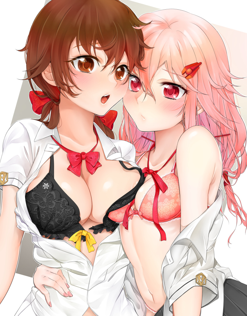 2girls absurdres asymmetrical_docking bare_shoulders blush bow bra breast_press breasts brown_eyes brown_hair cleavage guilty_crown hair_bow hair_ornament hairclip highres long_hair looking_at_viewer medium_breasts menjou_hare multiple_girls navel open_mouth pink_hair red_eyes ribbon sarina_(tosiyukiryousuke) school_uniform solo twintails underwear yuri yuzuriha_inori