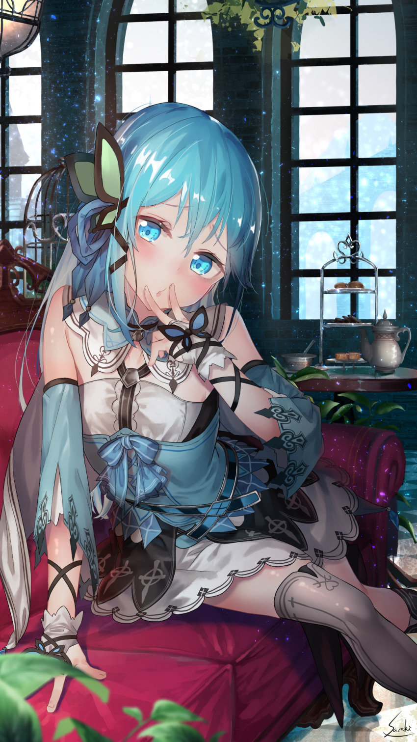 1girl arm_support birdcage blue_eyes blue_hair blue_shirt bridal_gauntlets bridge cage closed_mouth commentary_request cookie day detached_sleeves fingernails food head_tilt highres indoors kneehighs long_hair long_sleeves looking_at_viewer macaron original saraki shirt single_kneehigh single_thighhigh sitting skirt sleeveless sleeveless_shirt solo sunlight teapot thigh-highs tiered_tray very_long_hair white_legwear white_skirt wide_sleeves window