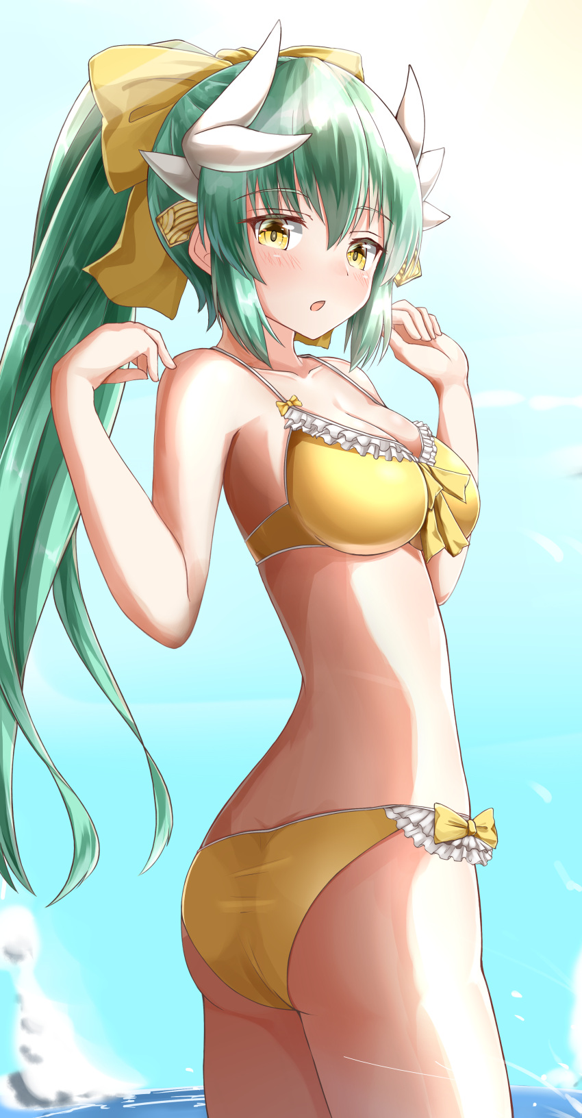 1girl absurdres ass bangs bikini blue_sky blush bow breasts chestnut_mouth cleavage clouds collarbone day dragon_horns eyebrows_visible_through_hair fate/grand_order fate_(series) green_hair hair_between_eyes hair_bow hair_ornament hands_up high_ponytail highres horizon horns kiyohime_(fate/grand_order) kiyohime_(swimsuit_lancer)_(fate) large_breasts long_hair looking_at_viewer moyoron ocean outdoors parted_lips ponytail sky solo swimsuit very_long_hair water yellow_bikini yellow_bow yellow_eyes