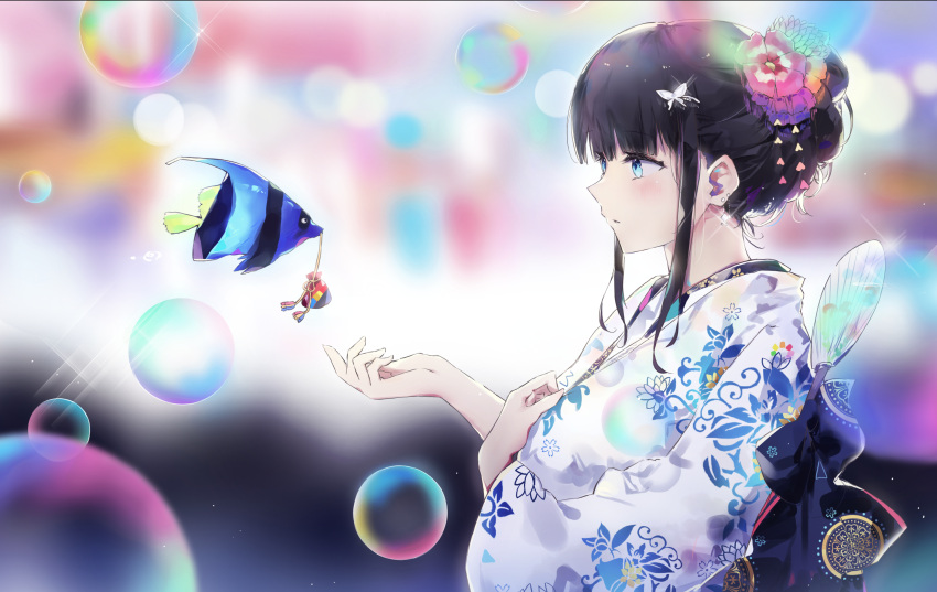 1girl angelfish animal bangs black_hair blue_eyes blurry blurry_background bubble butterfly_hair_ornament cupping_hand fan fish flower hair_bun hair_flower hair_ornament hand_on_own_chest highres kanzashi light_blush obi omamori original paper_fan sash sidelocks solo sparkle tr_(hareru) uchiwa upper_body white_hair