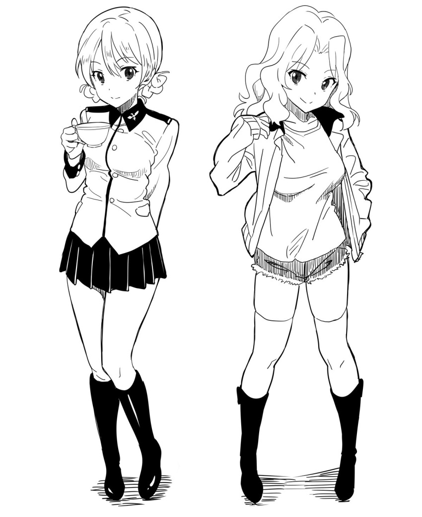 2girls arm_behind_back bomber_jacket boots braid breasts cup darjeeling french_braid girls_und_panzer greyscale hair_between_eyes hair_intakes hand_in_pocket highres jacket kay_(girls_und_panzer) knee_boots long_hair medium_breasts monochrome multiple_girls rato saunders_school_uniform skirt sleeves_past_wrists smile st._gloriana's_military_uniform teacup thigh-highs white_background