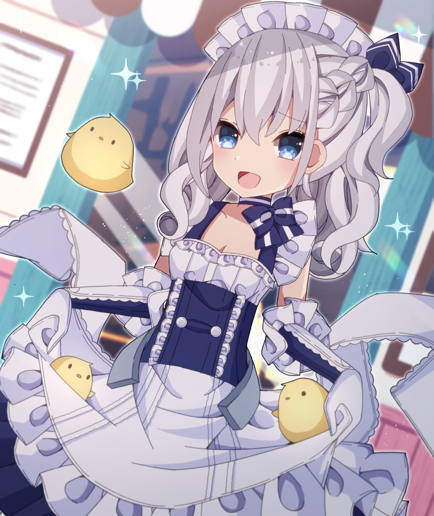 1girl :d absurdres animal apron apron_hold azur_lane bangs belchan_(azur_lane) belfast_(azur_lane) bird blue_dress blue_eyes blurry blurry_background blush braid depth_of_field dress dutch_angle elbow_gloves eyebrows_visible_through_hair frilled_apron frills gloves hair_between_eyes highres indoors long_hair looking_at_viewer one_side_up open_mouth sapphire_(sapphire25252) silver_hair sleeveless sleeveless_dress smile solo waist_apron white_apron white_gloves younger