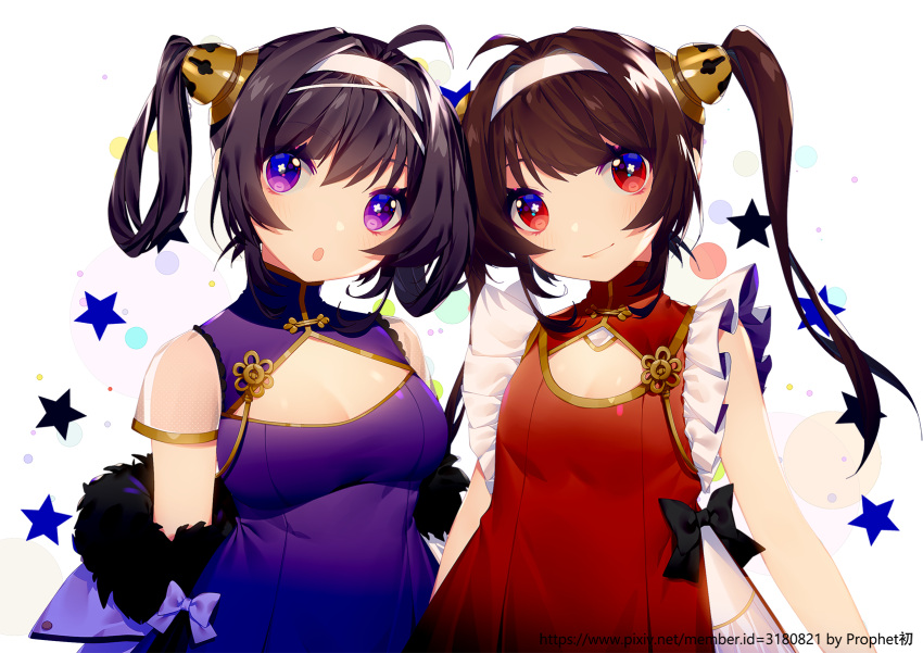 2girls ahoge artist_name azur_lane bangs black_bow blush bow breasts brown_hair china_dress chinese_clothes closed_mouth commentary_request dress eyebrows_visible_through_hair fur_trim hair_between_eyes hair_intakes hair_rings hairband head_tilt highres light_smile long_hair looking_at_viewer multiple_girls ning_hai_(azur_lane) parted_lips ping_hai_(azur_lane) prophet_chu purple_dress red_dress red_eyes sidelocks small_breasts star symbol-shaped_pupils twintails very_long_hair violet_eyes watermark web_address white_hairband